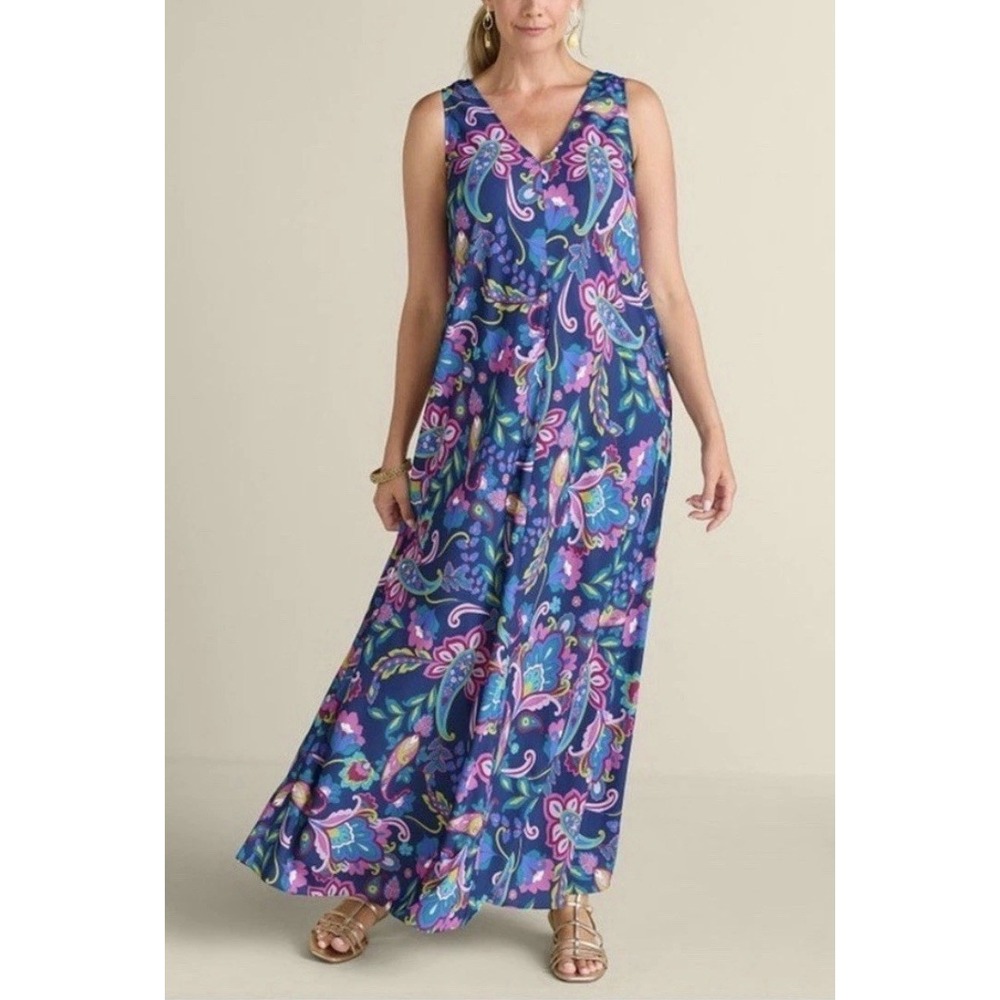 NWT Soft Surroundings Rosalia Maxi Dress L Navy Paisley Resortwear Boho Festival